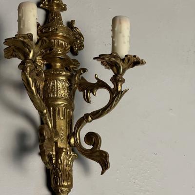 Pair of Louis XVI Adams Style Bronze Ornate Sconces Two Light France 1940s