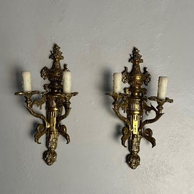 Pair of Louis XVI Adams Style Bronze Ornate Sconces Two Light France 1940s