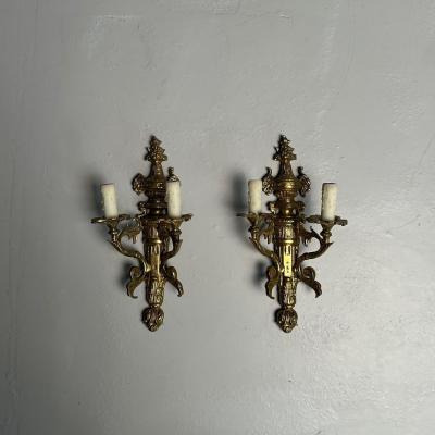 Pair of Louis XVI Adams Style Bronze Ornate Sconces Two Light France 1940s