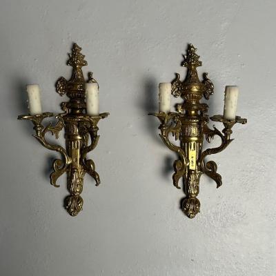 Pair of Louis XVI Adams Style Bronze Ornate Sconces Two Light France 1940s