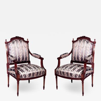 Pair of Louis XVI Blue Striped Arm Chairs