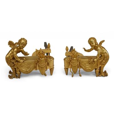 Pair of Louis XVI Bronze Cupid Andirons