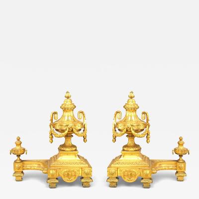 Pair of Louis XVI Bronze Dore Urn Andirons