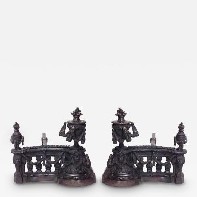 Pair of Louis XVI Bronze Urn Festoon Andirons