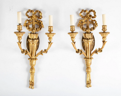 Pair of Louis XVI Giltwood Sconces with Bow Knot Quiver Motif
