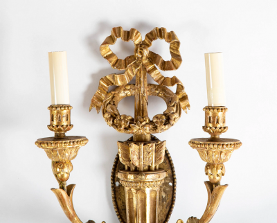 Pair of Louis XVI Giltwood Sconces with Bow Knot Quiver Motif