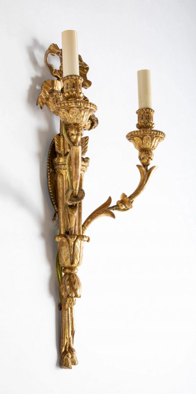 Pair of Louis XVI Giltwood Sconces with Bow Knot Quiver Motif