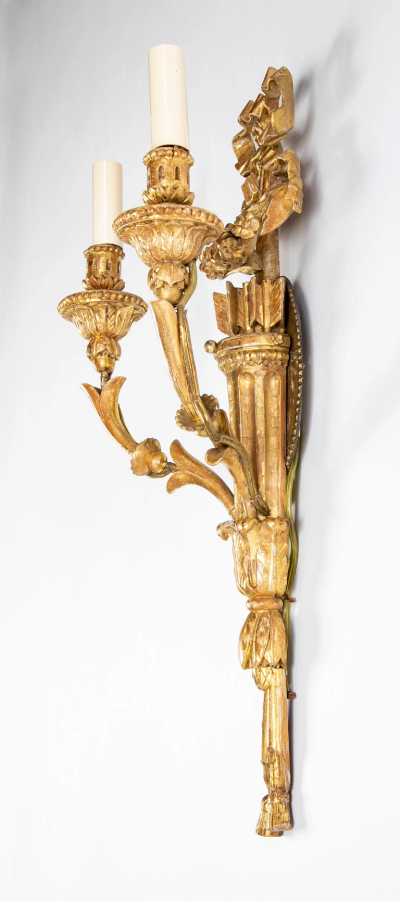Pair of Louis XVI Giltwood Sconces with Bow Knot Quiver Motif
