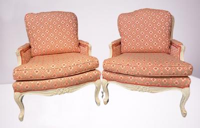 Pair of Louis XVI Painted Berg re or Lounge Chairs Scalamandre Upholstery