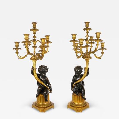 Pair of Louis XVI Seven Light Candelabra with Putto Figurals 19th Century