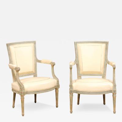 Pair of Louis XVI Style Blue Grey Painted Armchairs Covered in White Leather