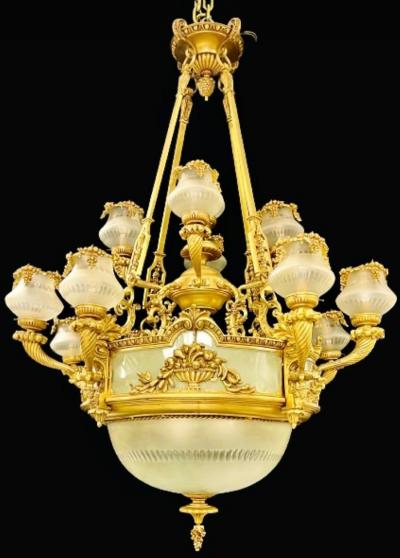 Pair of Louis XVI Style Bronze Chandeliers