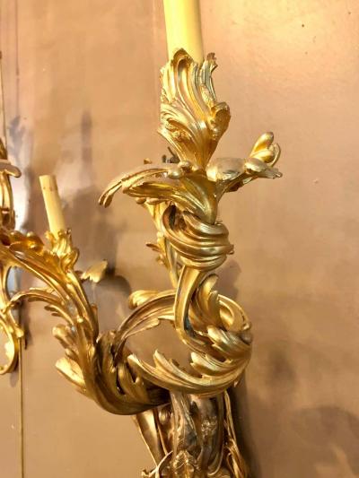 Pair of Louis XVI Style Bronze Three Light Gilt Bronze Sconces