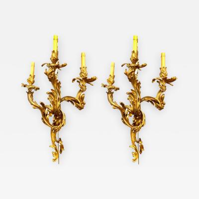 Pair of Louis XVI Style Bronze Three Light Gilt Bronze Sconces