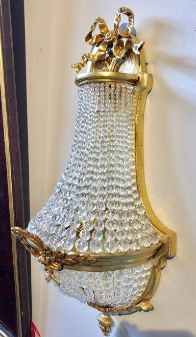 Pair of Louis XVI Style Bronze and Crystal Beaded Diminutive Wall Sconce
