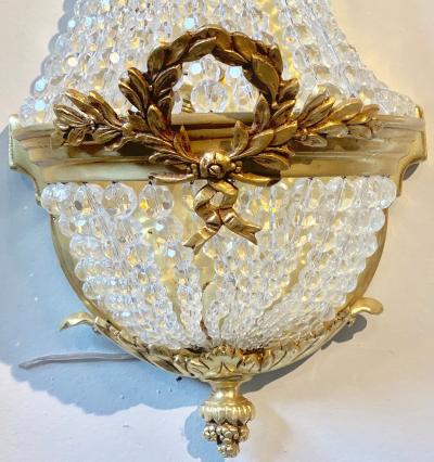 Pair of Louis XVI Style Bronze and Crystal Beaded Diminutive Wall Sconce