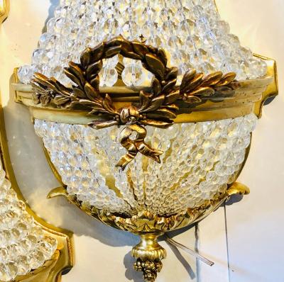 Pair of Louis XVI Style Bronze and Crystal Beaded Diminutive Wall Sconce