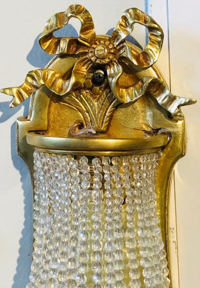 Pair of Louis XVI Style Bronze and Crystal Beaded Diminutive Wall Sconce