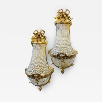 Pair of Louis XVI Style Bronze and Crystal Beaded Diminutive Wall Sconce