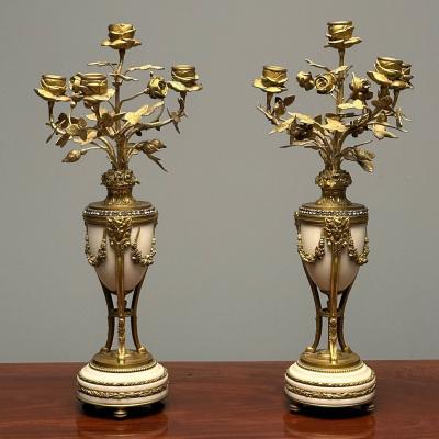 Pair of Louis XVI Style Bronze and Marble Four Light Candelabra Jeweled