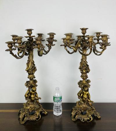 Pair of Louis XVI Style Gilt Bronze Candelabra Cherub Florentine Form