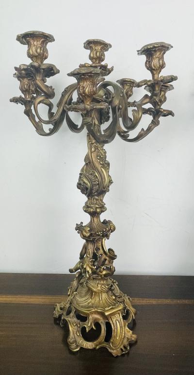 Pair of Louis XVI Style Gilt Bronze Candelabra Cherub Florentine Form