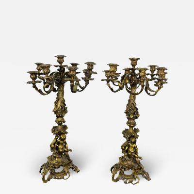 Pair of Louis XVI Style Gilt Bronze Candelabra Cherub Florentine Form