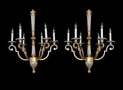Pair of Louis XVI Style Giltwood and Wrought Iron 6 Light Chandeliers