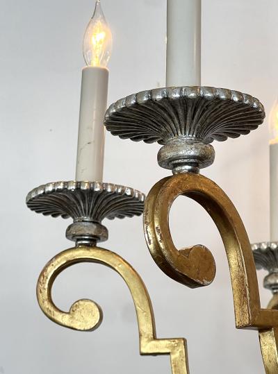 Pair of Louis XVI Style Giltwood and Wrought Iron 6 Light Chandeliers