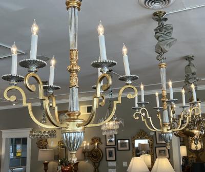 Pair of Louis XVI Style Giltwood and Wrought Iron 6 Light Chandeliers