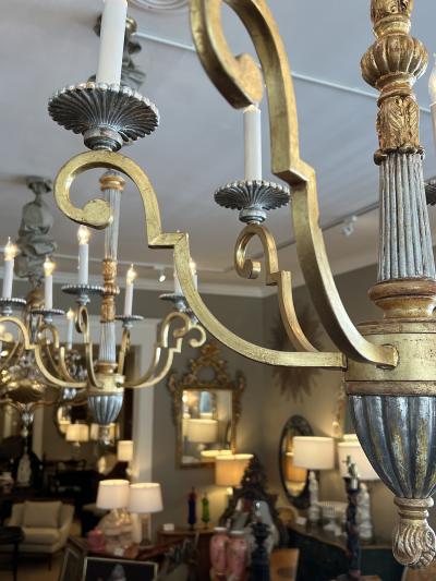 Pair of Louis XVI Style Giltwood and Wrought Iron 6 Light Chandeliers