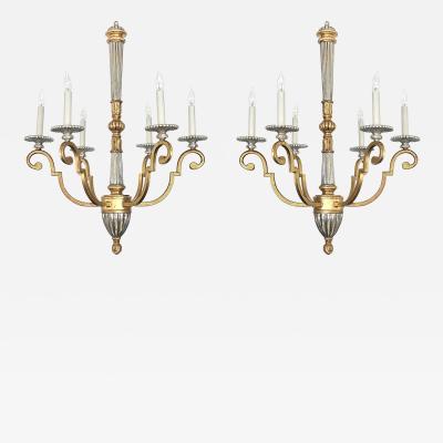 Pair of Louis XVI Style Giltwood and Wrought Iron 6 Light Chandeliers