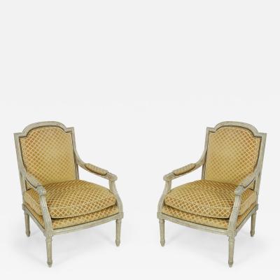 Pair of Louis XVI Style Gold Upholstered Fauteuils Armchairs