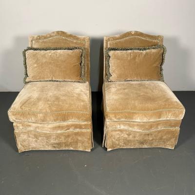 Pair of Louis XVI Style Mohair Slipper or Lounge Chairs Traditional Velvet