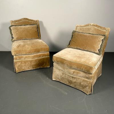 Pair of Louis XVI Style Mohair Slipper or Lounge Chairs Traditional Velvet