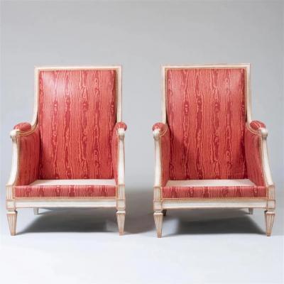 Pair of Louis XVI Style Painted Berg re Arm Lounge Chairs Traditional France