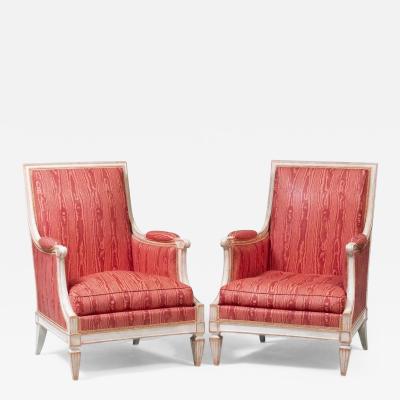 Pair of Louis XVI Style Painted Berg re Arm Lounge Chairs Traditional France