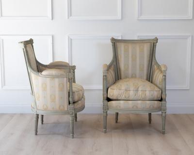Pair of Louis XVI Style Painted Bergeres in Soft Green Late 19th Century