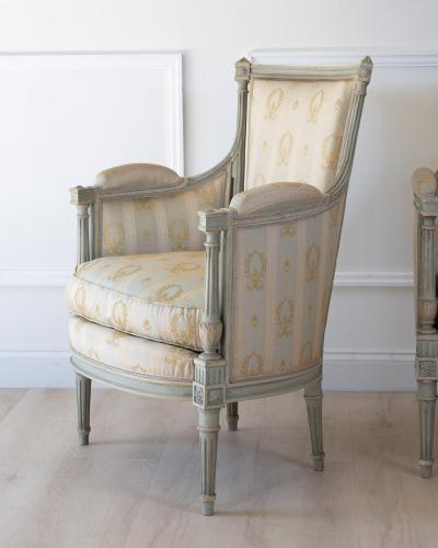 Pair of Louis XVI Style Painted Bergeres in Soft Green Late 19th Century