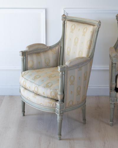 Pair of Louis XVI Style Painted Bergeres in Soft Green Late 19th Century