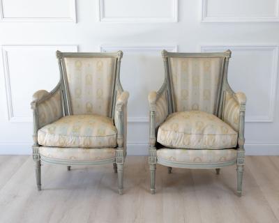 Pair of Louis XVI Style Painted Bergeres in Soft Green Late 19th Century