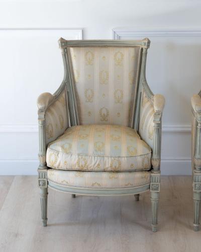 Pair of Louis XVI Style Painted Bergeres in Soft Green Late 19th Century