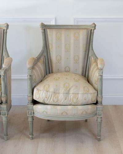 Pair of Louis XVI Style Painted Bergeres in Soft Green Late 19th Century