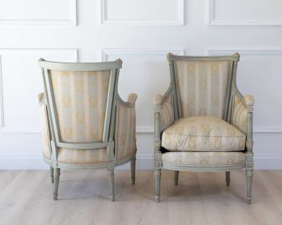 Pair of Louis XVI Style Painted Bergeres in Soft Green Late 19th Century