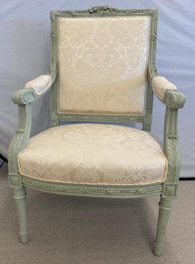 Pair of Louis XVI Style Throne or Arm Chairs Paint Decorated Frames