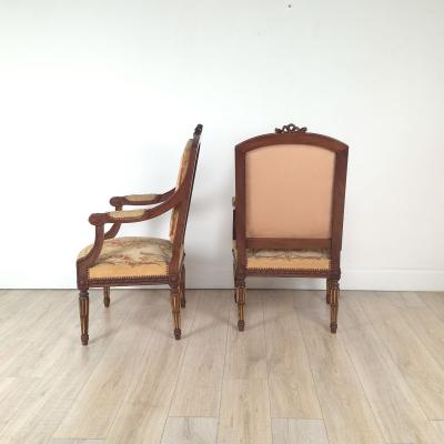 Pair of Louis XVI Style Walnut Armchairs with Aubusson Tapestry France 