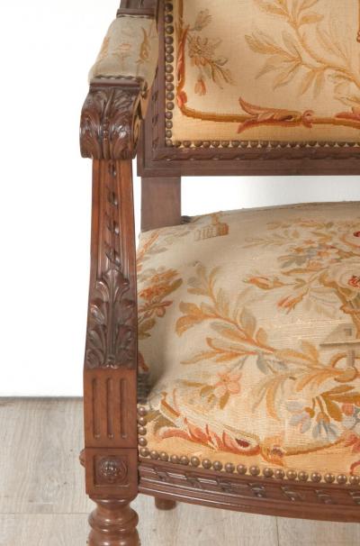 Pair of Louis XVI Style Walnut Armchairs with Aubusson Tapestry France 