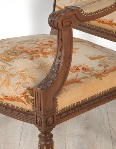 Pair of Louis XVI Style Walnut Armchairs with Aubusson Tapestry France 