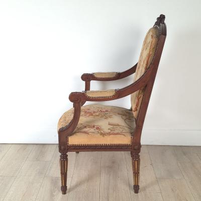 Pair of Louis XVI Style Walnut Armchairs with Aubusson Tapestry France 