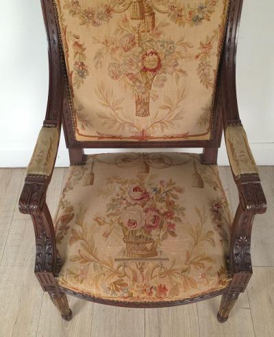 Pair of Louis XVI Style Walnut Armchairs with Aubusson Tapestry France 